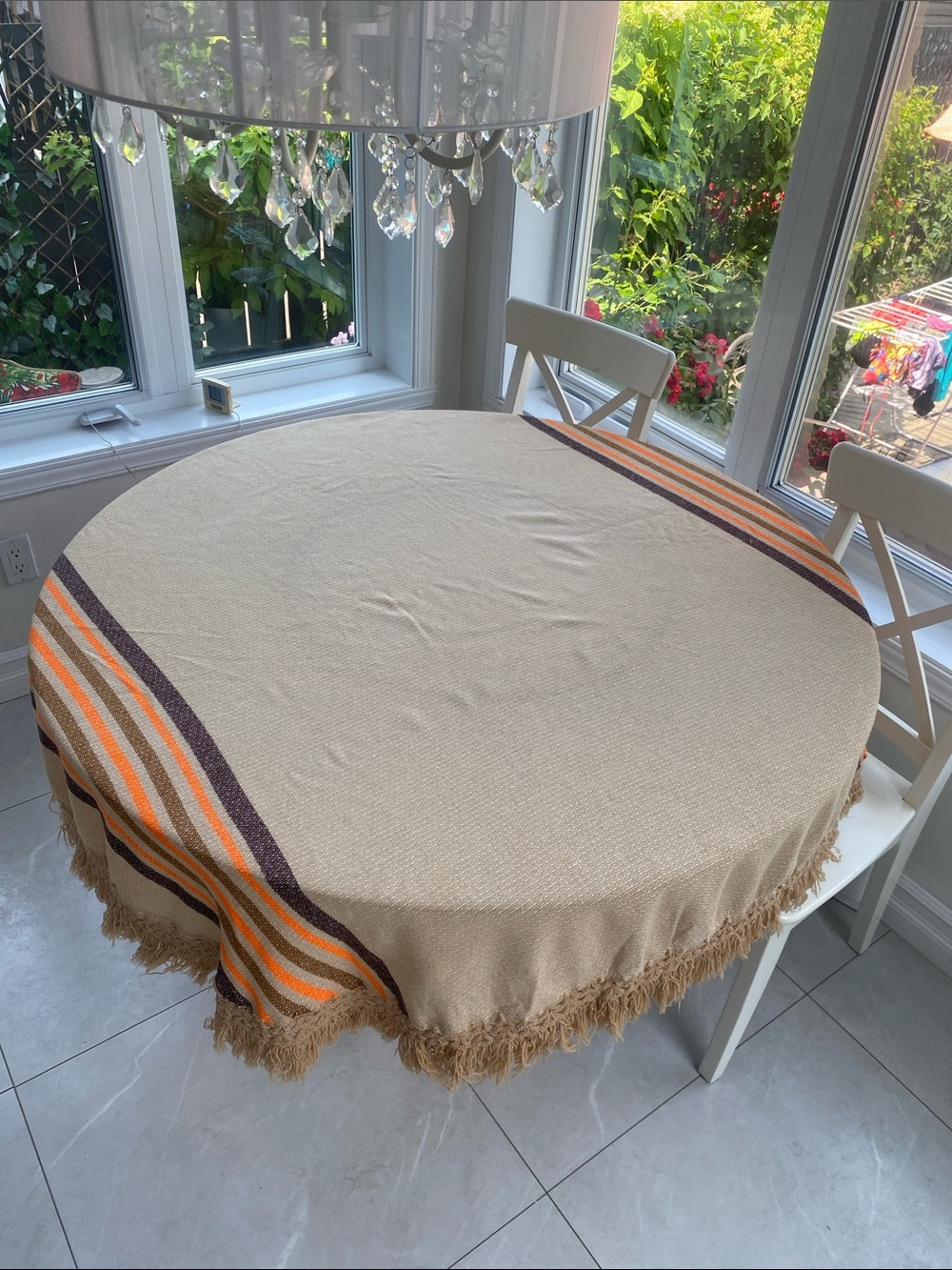 1970s VTG Tan Round tablecloth w brown & Orange stripes & Fringe accent 60”